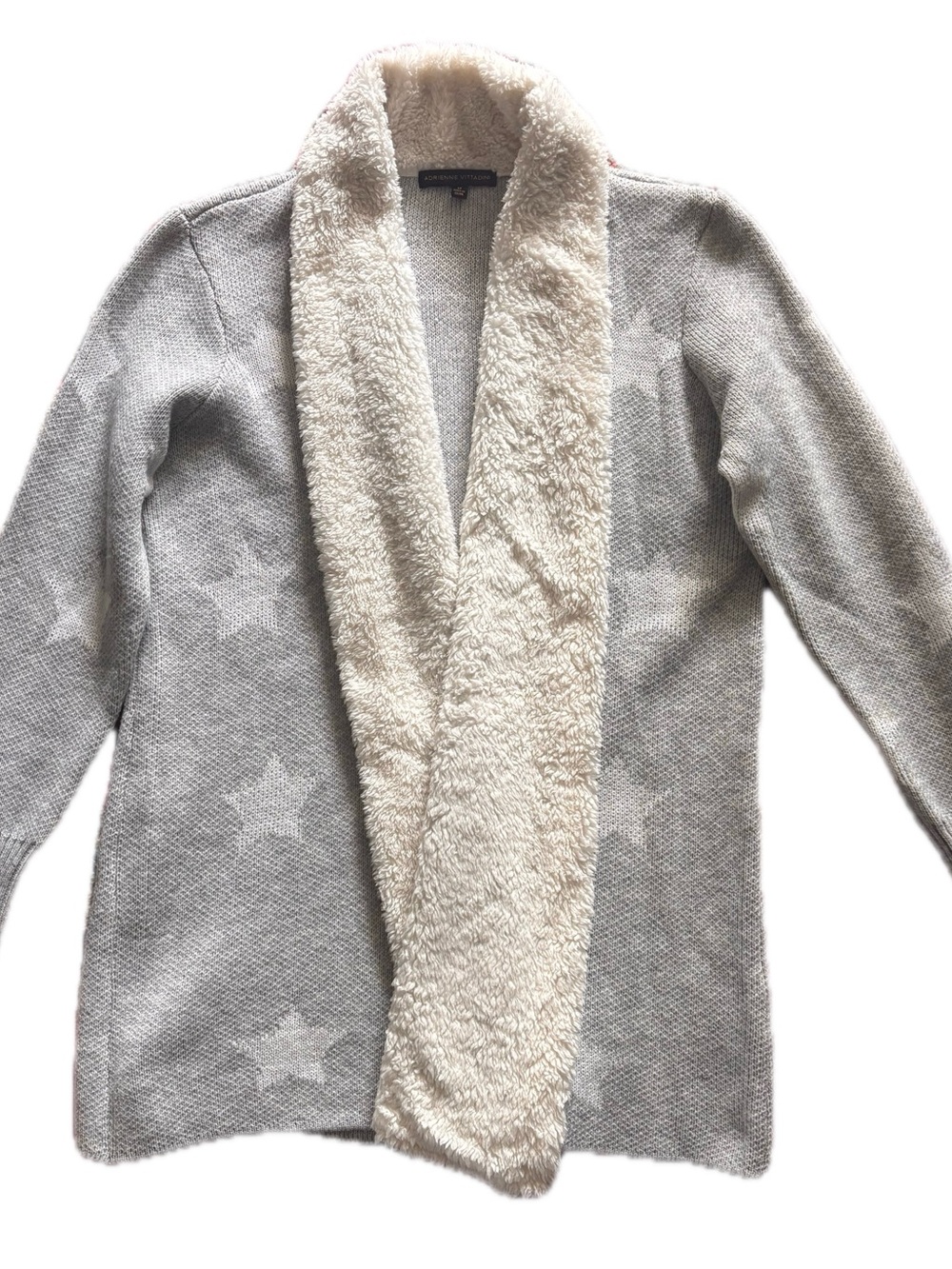 Adrienne Vittadini Gray Star Knit Cardigan with Cream Sherpa Collar